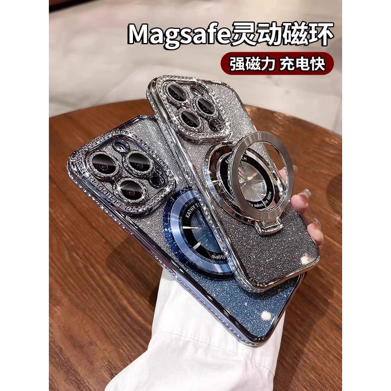 磁吸带支架适用苹果15promax手机壳新款iphone14女水钻16pro全包保护套12p高级感11小众17pro带镜头膜13超火X