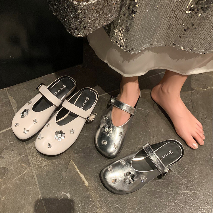 法式小众设计包头真皮仙女水钻半拖鞋女2025包头外穿包脚厚底凉鞋