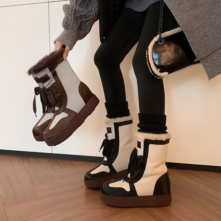 毛绒雪地靴东北厚底松糕加厚保暖防水棉靴小众防滑防寒真皮棉鞋