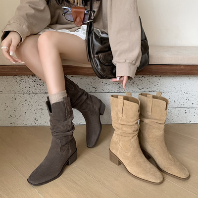 美拉德靴子中筒靴棕色女靴褶皱堆堆靴卡其色西部旅行真皮牛仔靴
