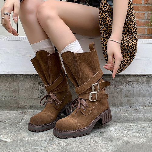 粉粉同款英伦风真皮马丁靴靴子西部真皮粗跟系带皮带扣西部机车靴