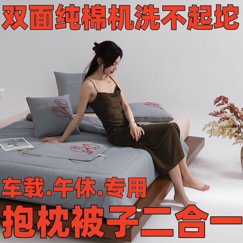 新款A类双面纯棉车用抱枕被子二合一两用车载办公午休靠垫空调被