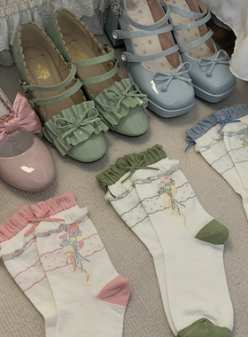 roji春日花束花边Lolita袜子女春夏纯棉蝴蝶结瘦腿短袜洛丽塔日系