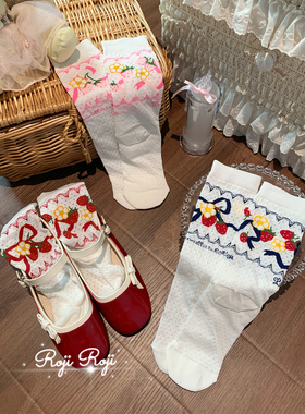 roji草莓花Lolita花边袜女夏透气纯棉蝴蝶结瘦腿蕾丝短袜洛丽塔jk