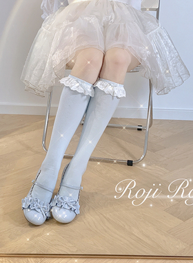 维多利亚Lolita袜子女秋蝴蝶结中筒袜女仆洛丽塔蕾丝花边棉袜甜美