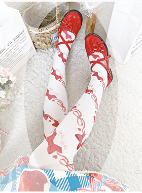 恋爱回旋Lolita袜子女夏秋中筒袜天鹅绒印花过膝袜洛丽塔日系袜子