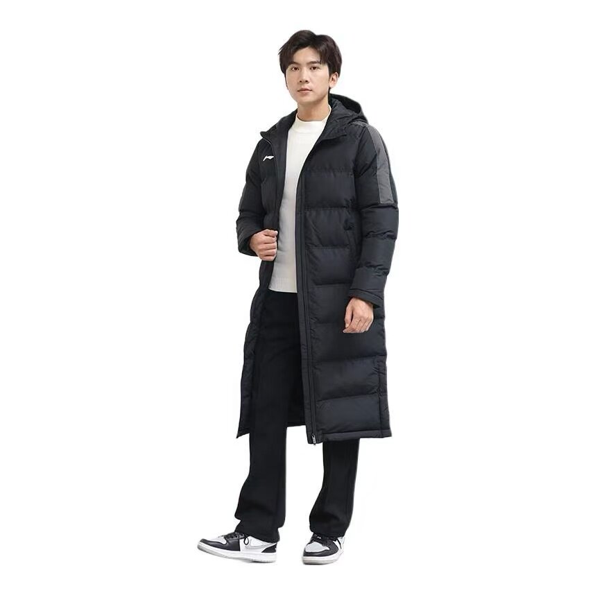 李宁秋冬季男款长款保暖棉服防风连帽过膝简约百搭加厚训练服男