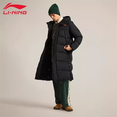 李宁长款棉服男冬季新款加厚保暖棉衣过膝冬装青少年防风连帽外套