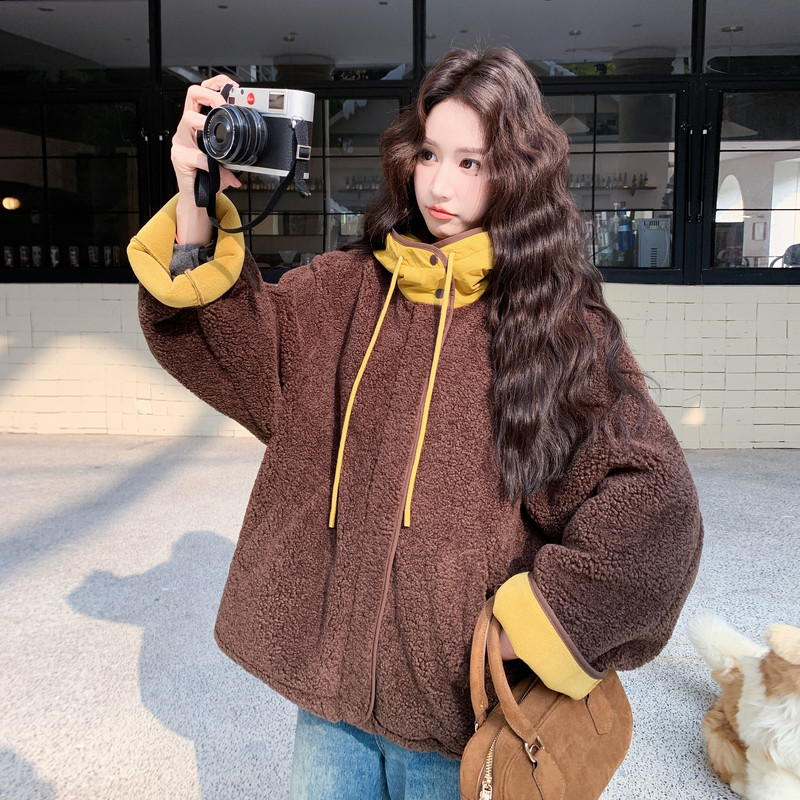 新品撞色连帽摇粒绒外套1501p205控308,女装短外套,2C183