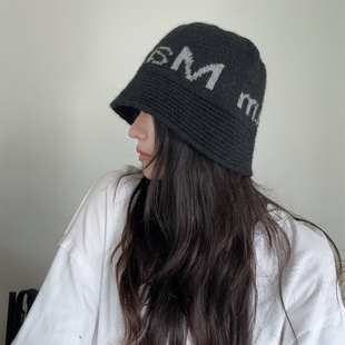 韩国字母休闲针织渔夫帽男女百搭水桶遮脸通勤秋冬盆帽潮毛线帽子