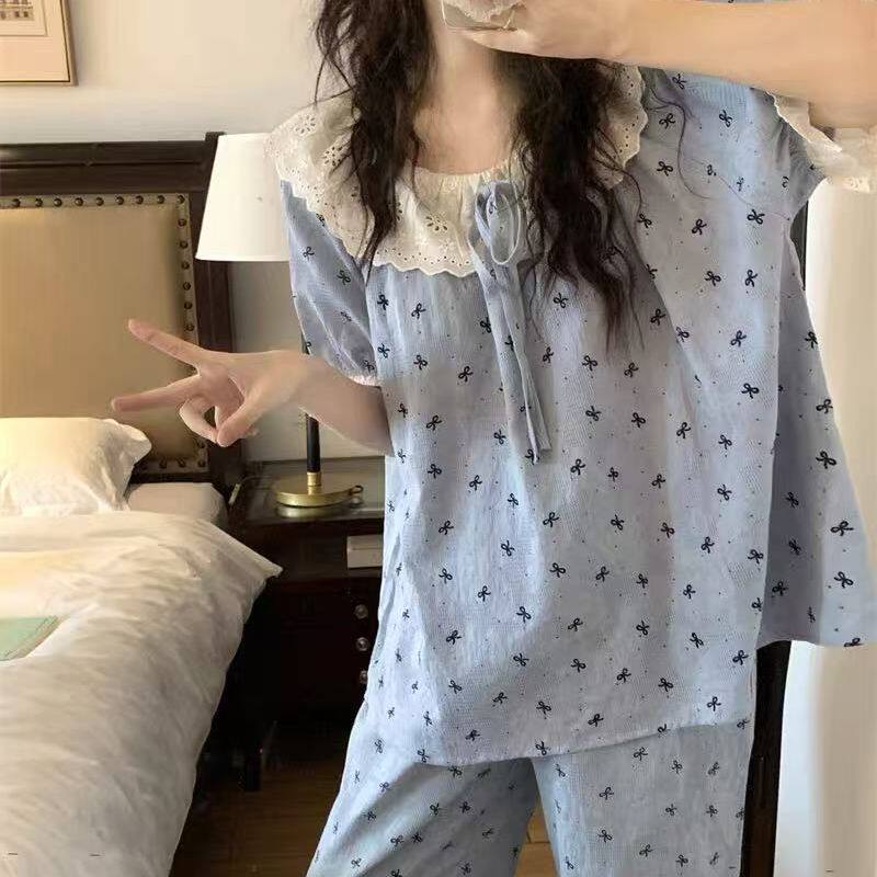 睡衣女春夏短袖长裤韩版甜美蕾丝蝴蝶结纯棉麻家居服套装可外穿薄