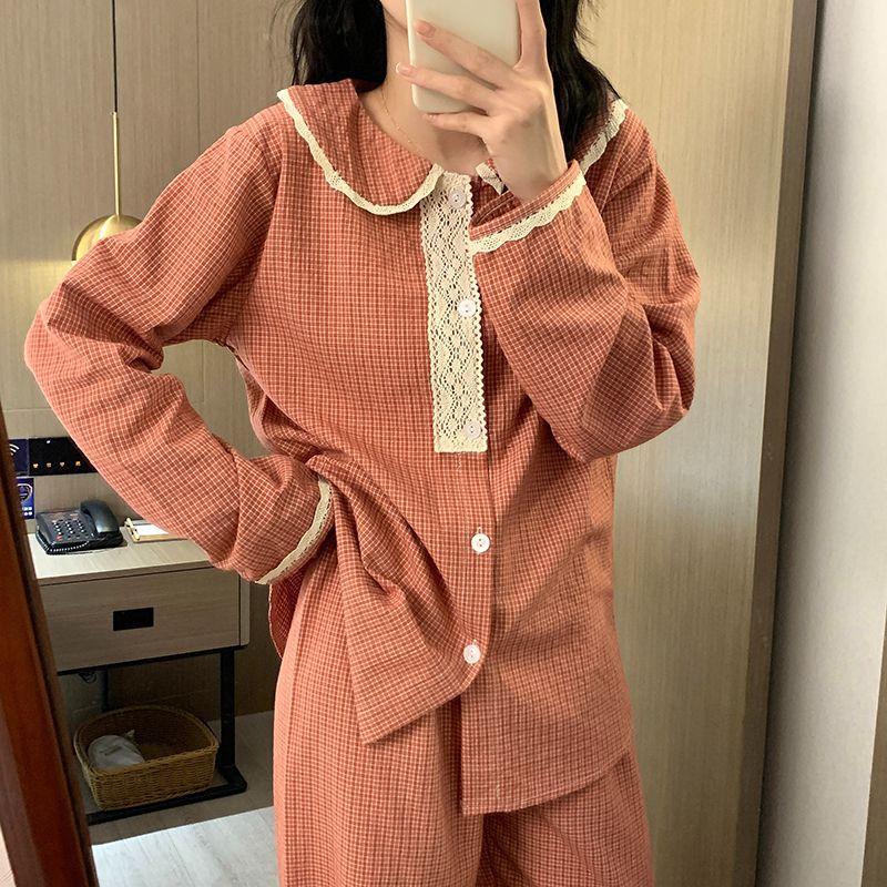 100%纯棉睡衣女长袖春秋蕾丝花边公主风可爱格子娃娃领家居服套装