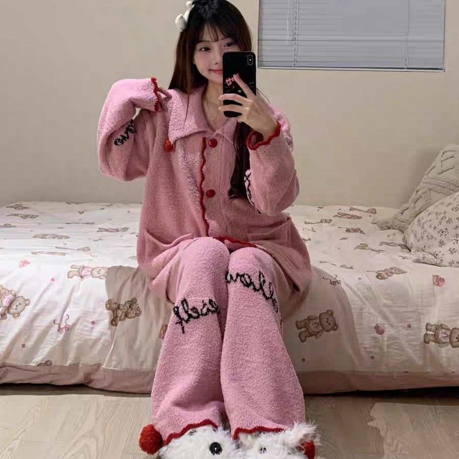 韩版少女设计感半边绒睡衣女冬季2025软糯舒适开衫长裤家居服套装