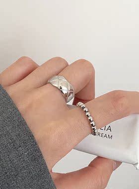 爆款极简菱格纹925纯银戒指女香家叠戴开口指环特惠个性几何银饰