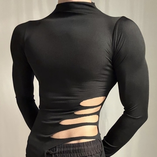 男生紧身衣体育生1S镂空衣肌肉男M健身衣网红cos高领弹性长袖 上衣