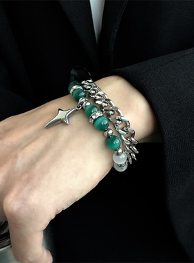 猫眼绿珠石钛钢古巴链拼接双层潮流手链潮男型男1S十字星复古手环