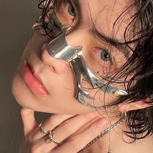 男生机械唇环面饰体育生1S鼻环耳饰肌肉男可调节银色金属朋克面具