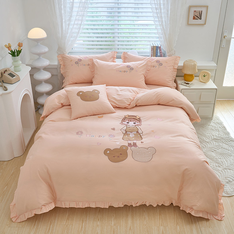 小女孩床上用品全棉床单被套儿童卡通100纯棉四件套公主粉1.5床笠