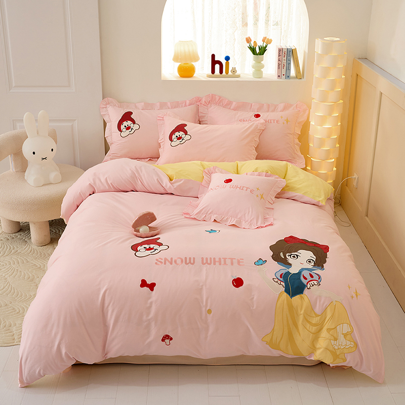 小女孩公主床上用品100纯棉床单被套儿童卡通全棉四件套粉1.5床笠