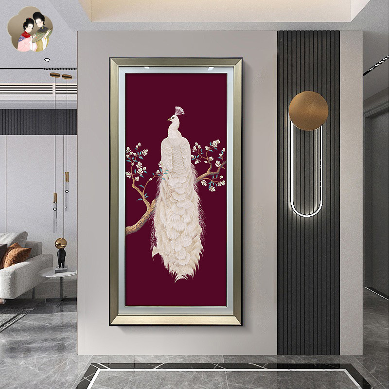 织锦绣白孔雀刺绣玄关装饰画新中式