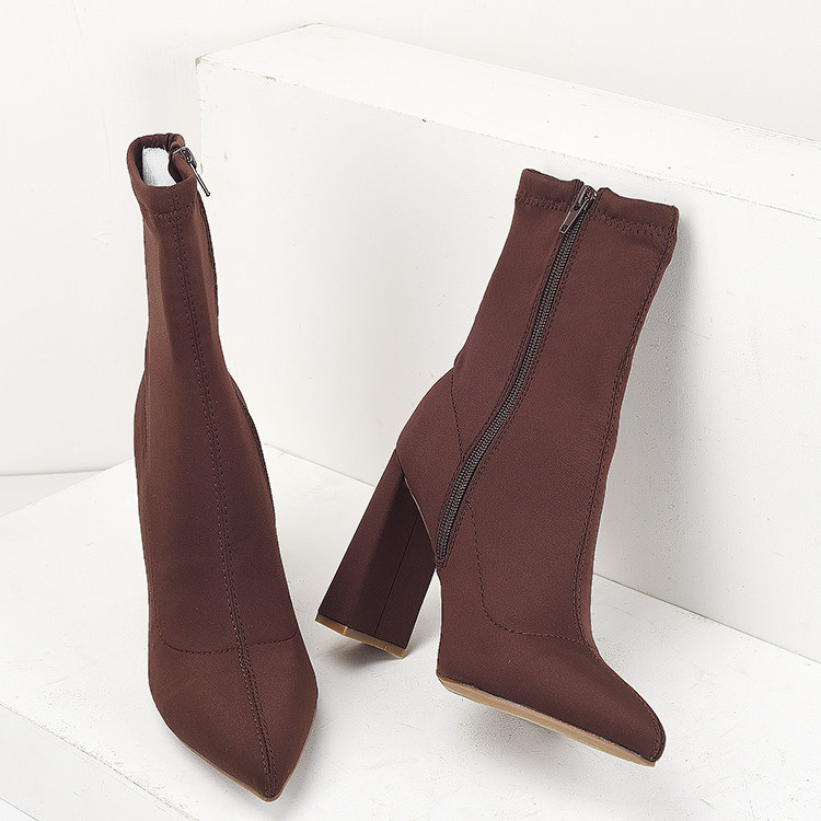 FOREIGN TRADE ORIGINAL SINGLE SKINNY BOOTS BLOCK HEEL BOOTS WOMENS SPRING STRETCH CLOTH SIDE ZIPPER POINTED TOE HIGH HEELS SINGLE BOOTS WOMEN
