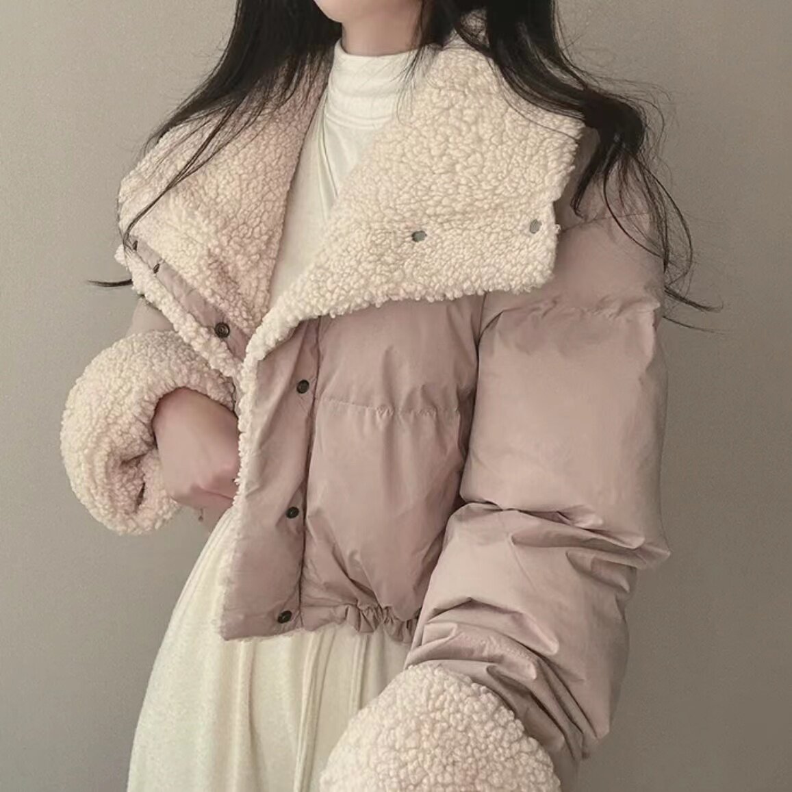 雪莉shirley 2025新款两面穿法韩版翻领仿羊羔毛棉服短款面包服