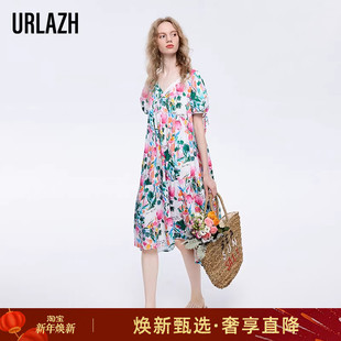 泡泡袖 气质印花简约纯棉短袖 V领套头连衣裙女 法式 URLAZH有兰新款