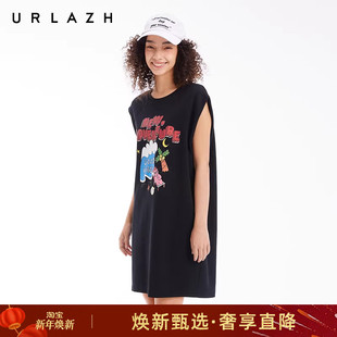 简约宽松无袖 复古印花黑色休闲时尚 背心连衣裙 新款 URLAZH有兰夏季