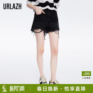 URLAZH有兰新款 女 洋气黑色百搭休闲高腰做旧磨破潮酷毛边牛仔短裤