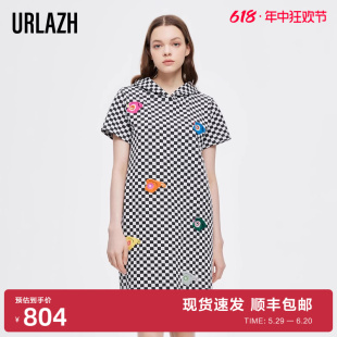 连衣裙女 棋盘格连帽卫衣短袖 百搭黑色时尚 URLAZH有兰新款