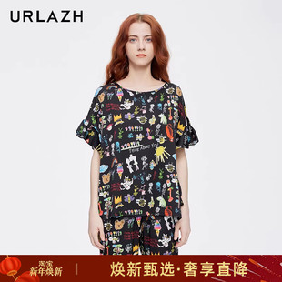 T恤女 复古趣味洋气减龄黑色休闲宽松印花短袖 URLAZH有兰夏季 新款