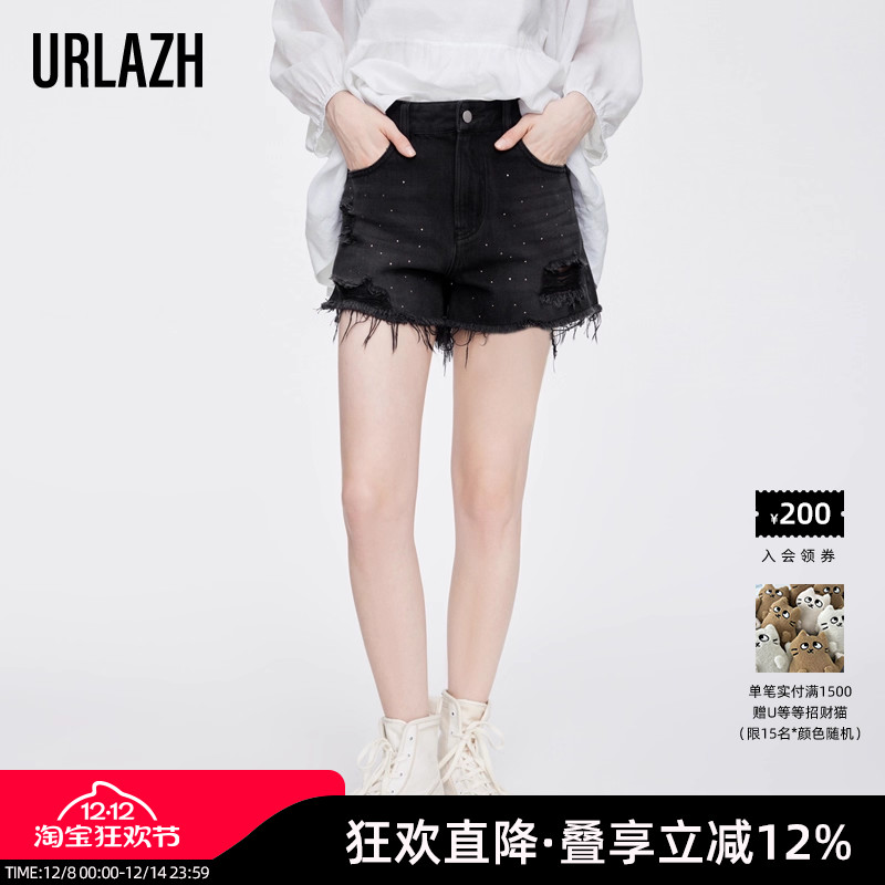 URLAZH/有兰黑色纯棉牛仔短裤