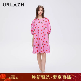 百搭纯棉粉色草莓印花减龄泡泡袖 时尚 连衣裙女 新款 URLAZH有兰春季
