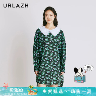 URLAZH有兰新款纯棉黑色法式气质复古风碎花长袖娃娃领连衣裙女