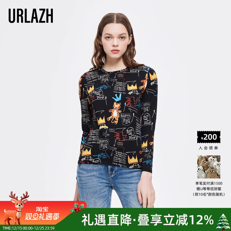 URLAZH有兰秋季新款趣味童趣涂鸦圆领长袖t恤女修身显瘦打底衫女