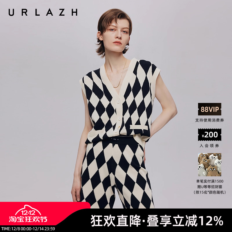 urlazh有兰复古黑白格纹针织开衫