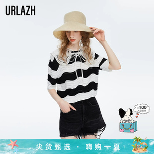 URLAZH有兰新款洋气黑白条纹法式镂空简约套头复古短款针织衫女