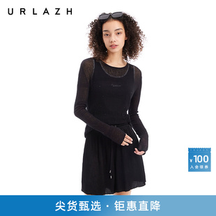 打底衫 URLAZH有兰夏季 长袖 新款 纯棉黑色烫钻气质显瘦轻薄微透修身