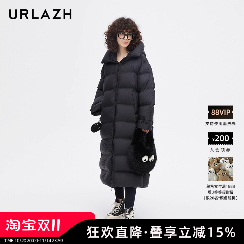 URLAZH有兰新款时尚气质简约黑色轻薄休闲宽松长款羽绒服外套女