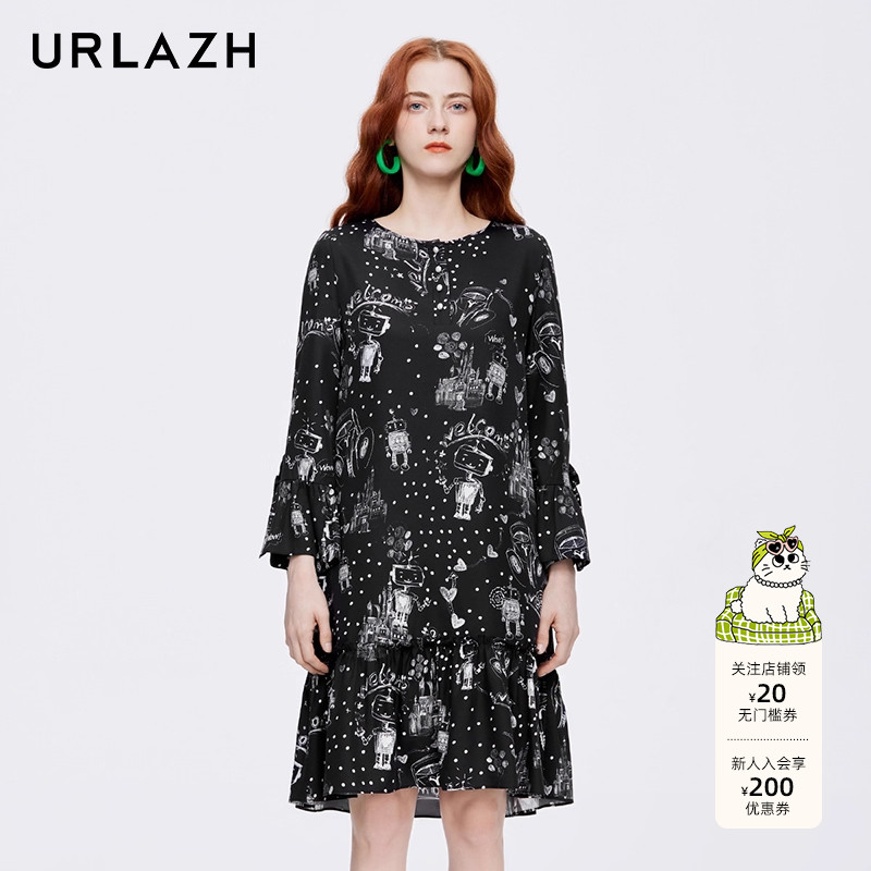 夏季宽松黑色长袖连衣裙