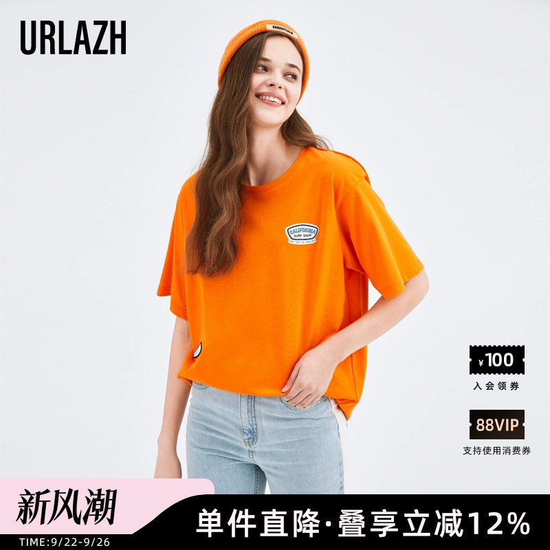 URLAZH有兰新款ins风潮橙色圆领印花短袖T恤女