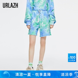 女 URLAZH有兰秋冬季 新款 洋气时尚 潮酷纯棉天蓝色扎染宽松休闲短裤