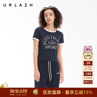 URLAZH有兰夏季新款复古高智学院风镶边短款字母上衣休闲短袖T恤
