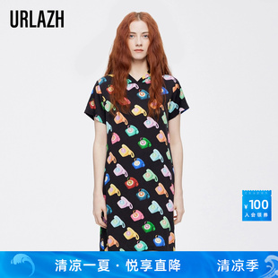 復古洋氣彩色印花休閑寬松連帽短袖 連衣裙 新款 URLAZH有蘭夏季