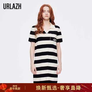 URLAZH有兰新款 连衣裙女 复古洋气黑白条纹学院风休闲简约直筒短袖