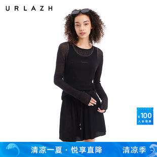 長袖 URLAZH有蘭夏季 新款 純棉黑色燙鉆氣質顯瘦輕薄微透修身 打底衫