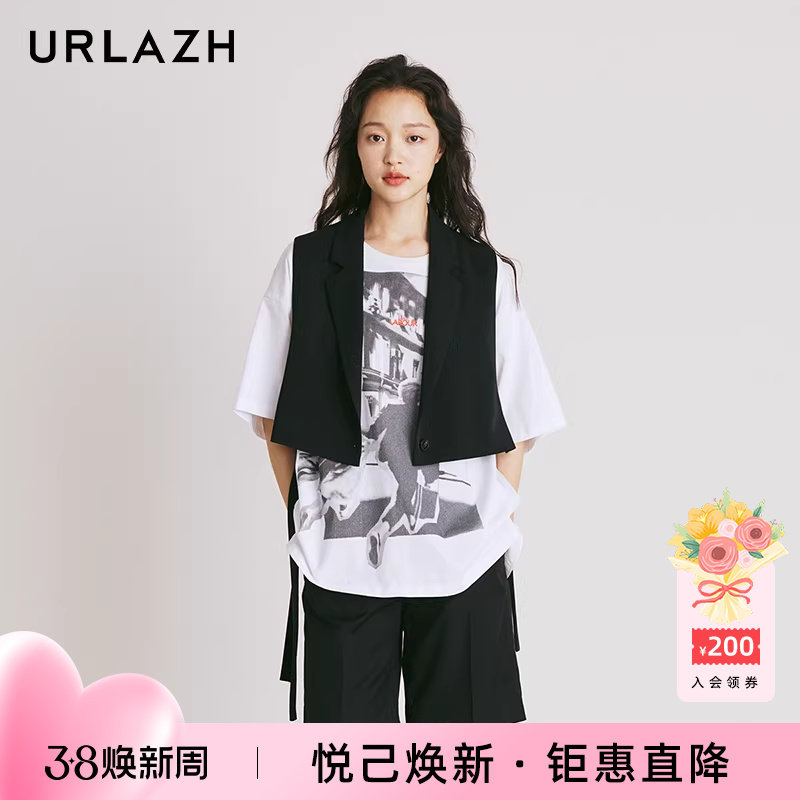 URLAZH有兰新款复古黑色设计感飘带休闲百搭短款西装马甲外套女