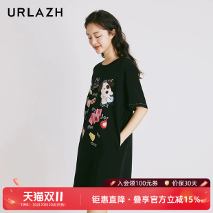 URLAZH有兰新款涂鸦印花复古黑色宽松休闲短袖连衣裙女圆领T恤裙