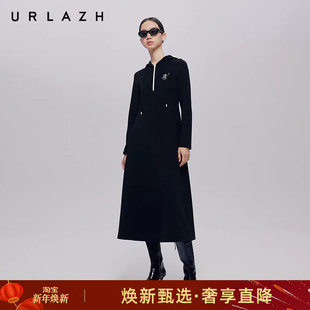 收腰气质A字长袖 简约百搭连帽黑修身 连衣裙女 新款 URLAZH有兰秋季