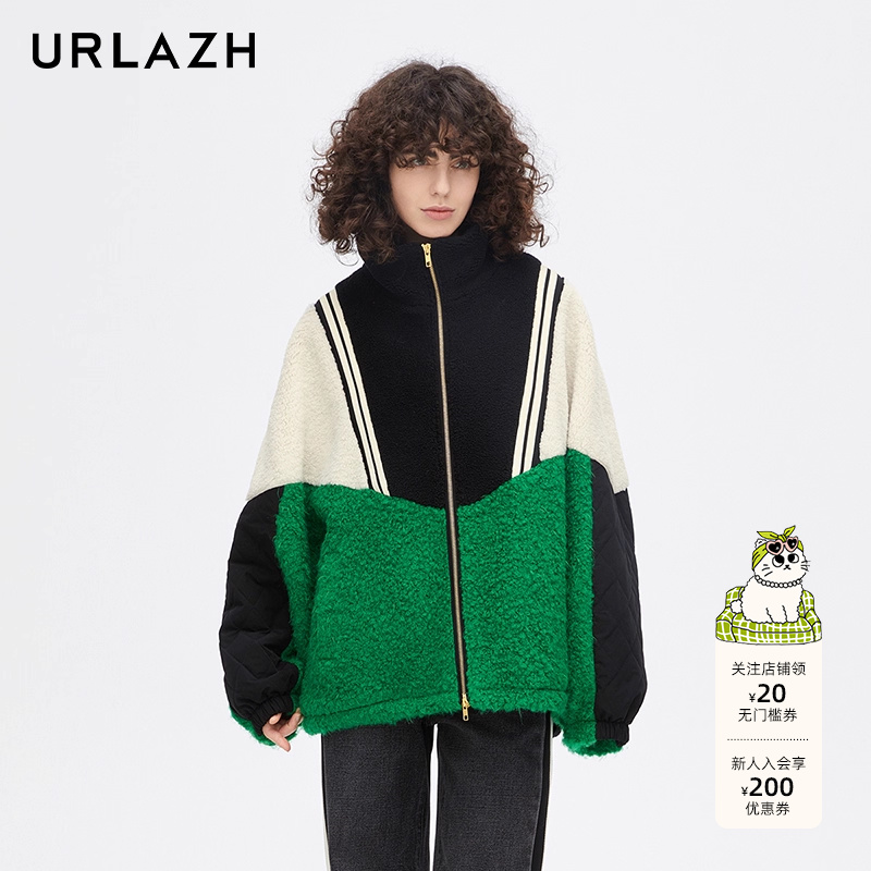 URLAZH有兰新款复古撞色校园风休闲宽松时尚百搭拼接毛绒外套女